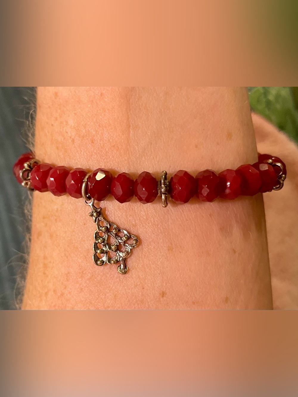 Vintage Sterling And Faceted Red Agate/Carnelian Christmas Tree Charm Bracelet